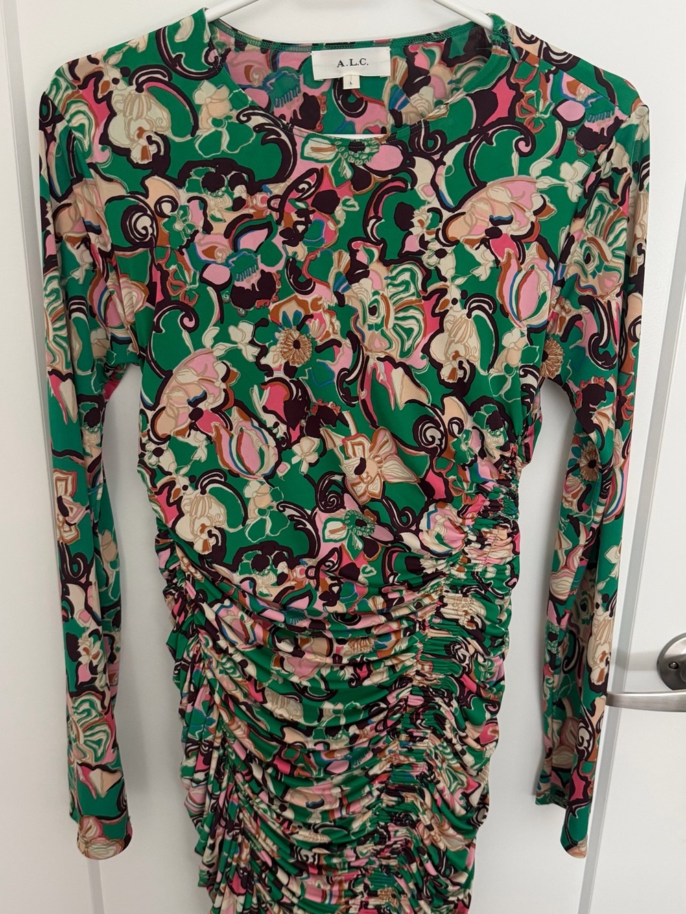 A.L.C. Green Multi-Print Ruched Long Sleeve dress